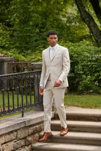 Couture $425 (Coat and Pant). “Dominic” Cream. Also available in Black, Navy, & Mid Grey