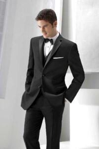 Black Wool Neil Allyn Slim Fit. Available in 2 Button Notch, 1 Button Peak, & I Button Shawl.